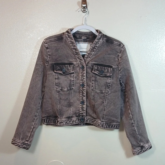 ANTHROPOLOGIE Bibiana Bomber Denim Jacket Acid Wash Black Gray size LP - Picture 3 of 11